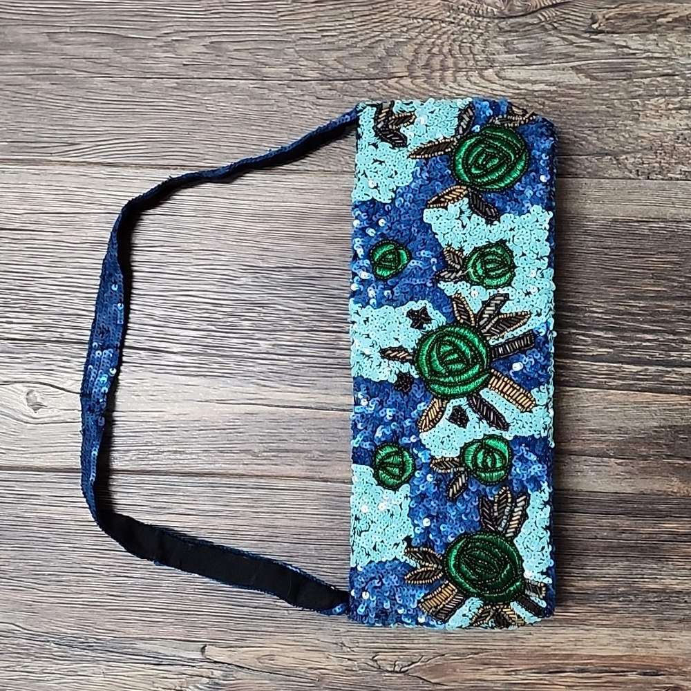 Unique Heavily Sequin, Beaded, Embroidered Purse, blue, green, & brown floral
